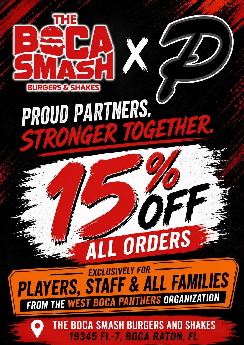Boca Smash Burgers and Shakes partnership flyer offering 15 percent off for West Boca Panthers players, staff, and families
